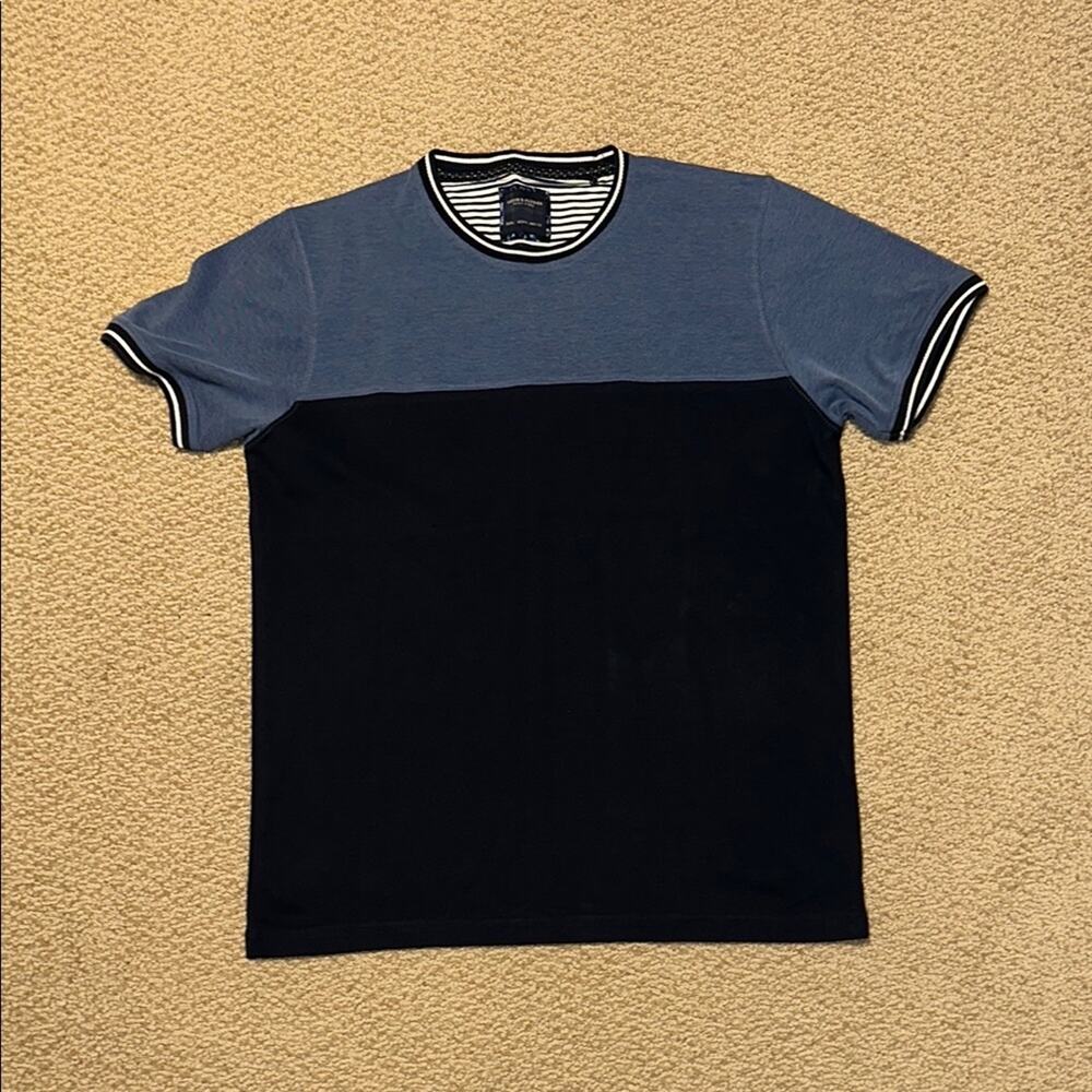 Denim & Flower Blue and Black Color-Block Short Sleeve Tee - size L